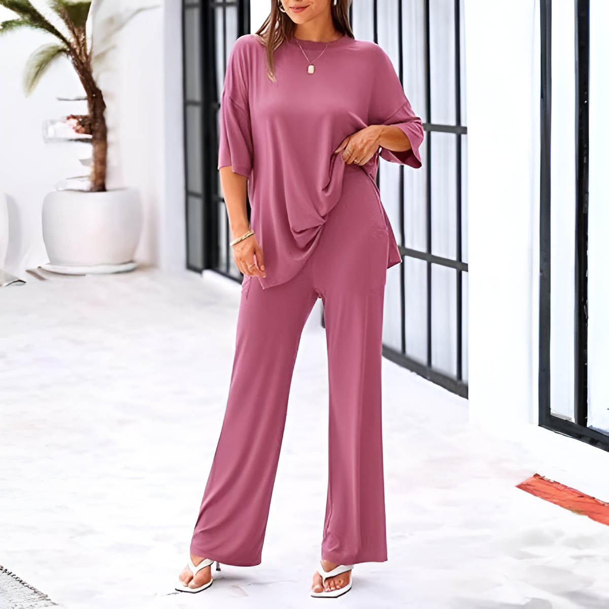 2 Piece Summer Lounge Set With Short Sleeve Top And Pants For Women