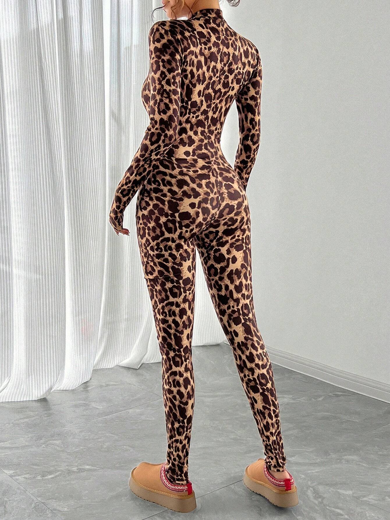 Leopard Print Zipper Jumpsuit Effortless Style