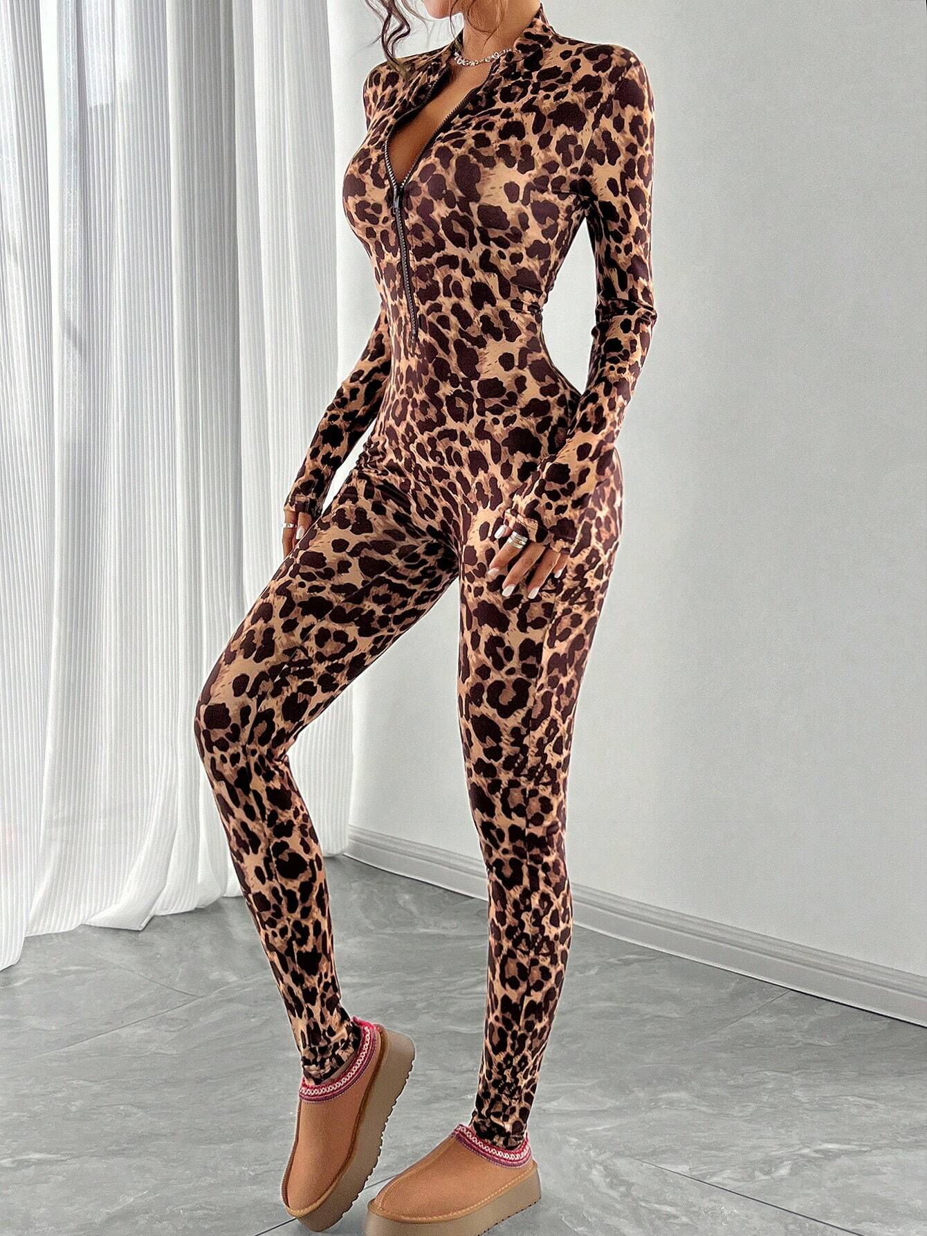 Leopard Print Zipper Jumpsuit Effortless Style