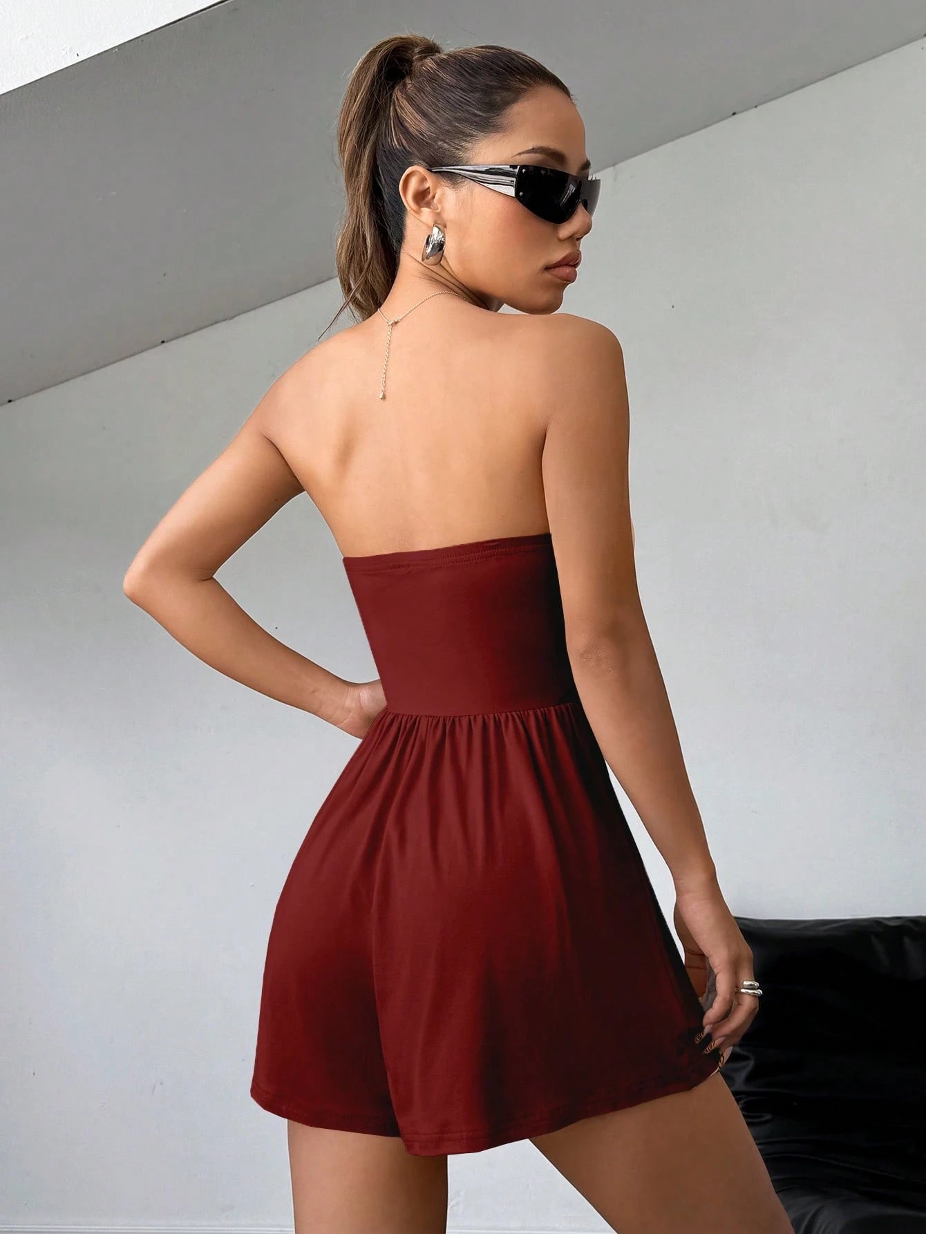 Strapless Elastic Romper With Lightweight And Flowy One Piece