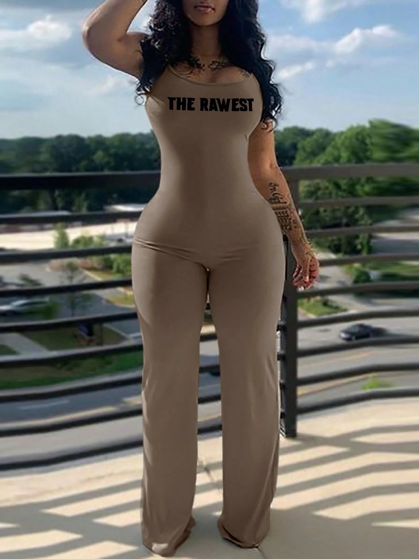 Bold Letter Print Jumpsuit With Casual Sleeveless Fit