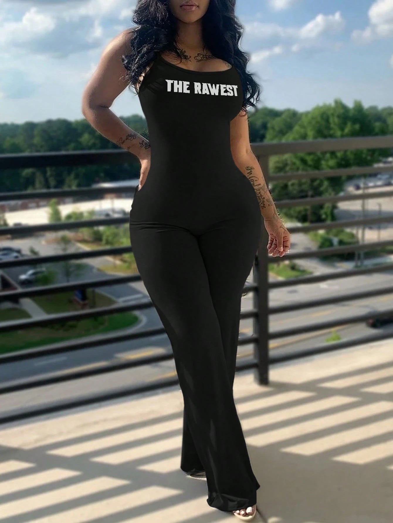 Bold Letter Print Jumpsuit With Casual Sleeveless Fit