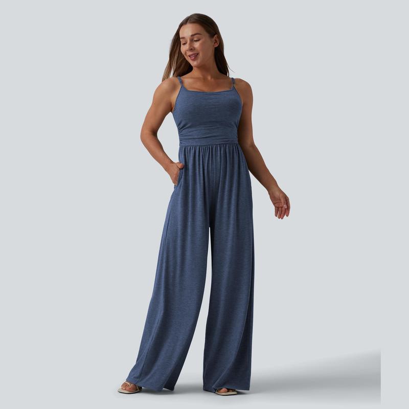 Casual Wide Ruched Jumpsuit With Pockets For Women