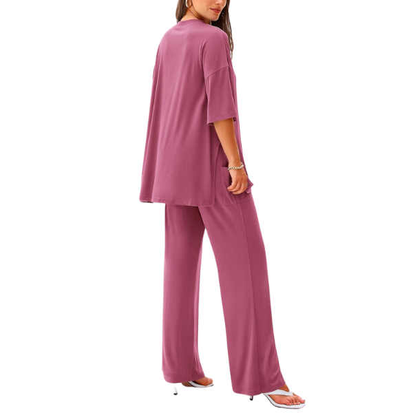 2 Piece Summer Lounge Set With Short Sleeve Top And Pants For Women