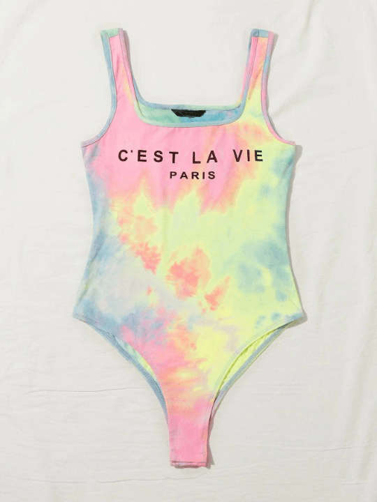 Letter Graphic Tie Dye Tank Bodysuit-Comfy Jumpsuits