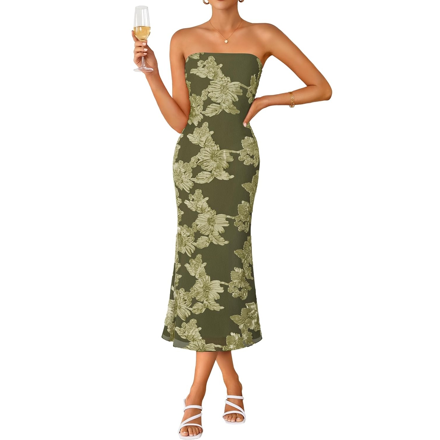 Strapless Floral Mesh Midi Dress For Women
