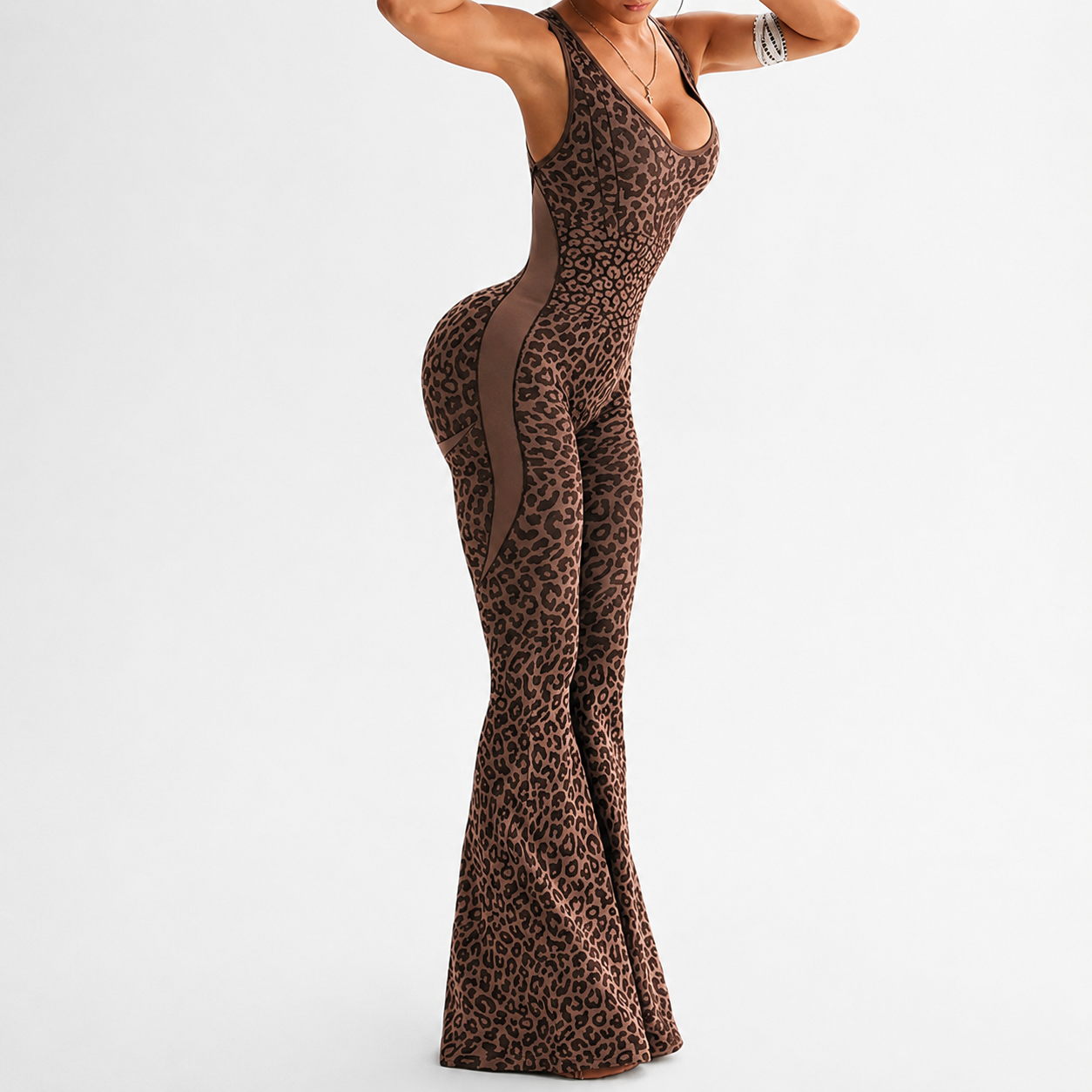Leopard Print Flared Sports Jumpsuit With Cross Back Design For Women