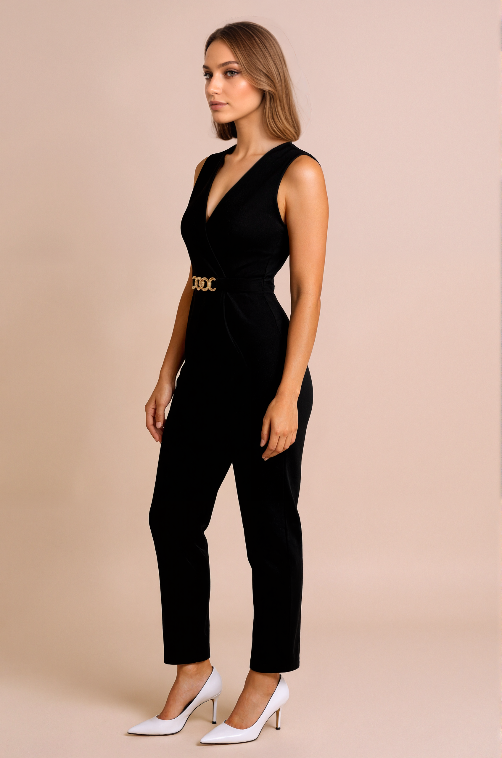 Wrap Front Jumpsuit With Chain Accent