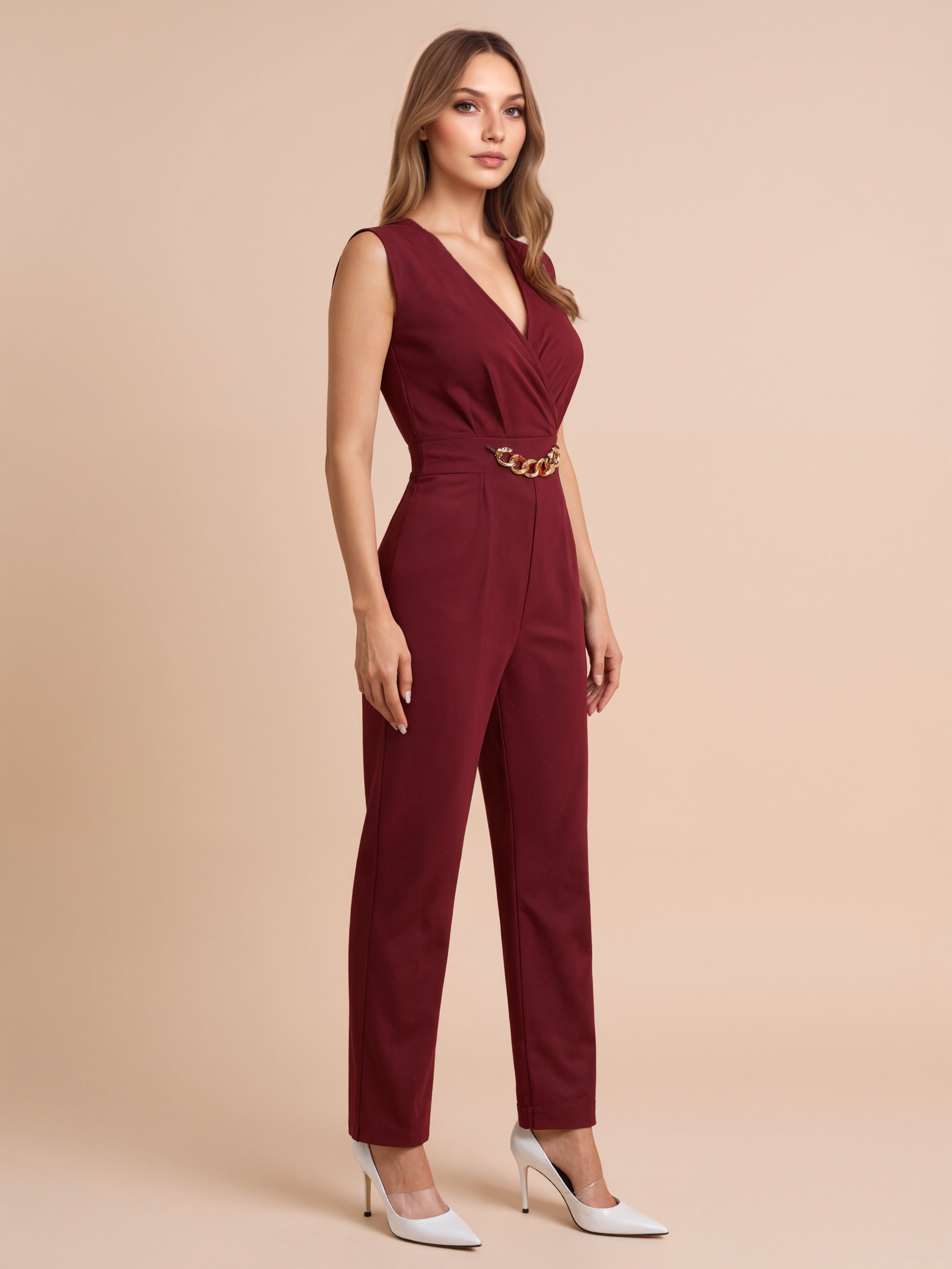 Wrap Front Jumpsuit With Chain Accent
