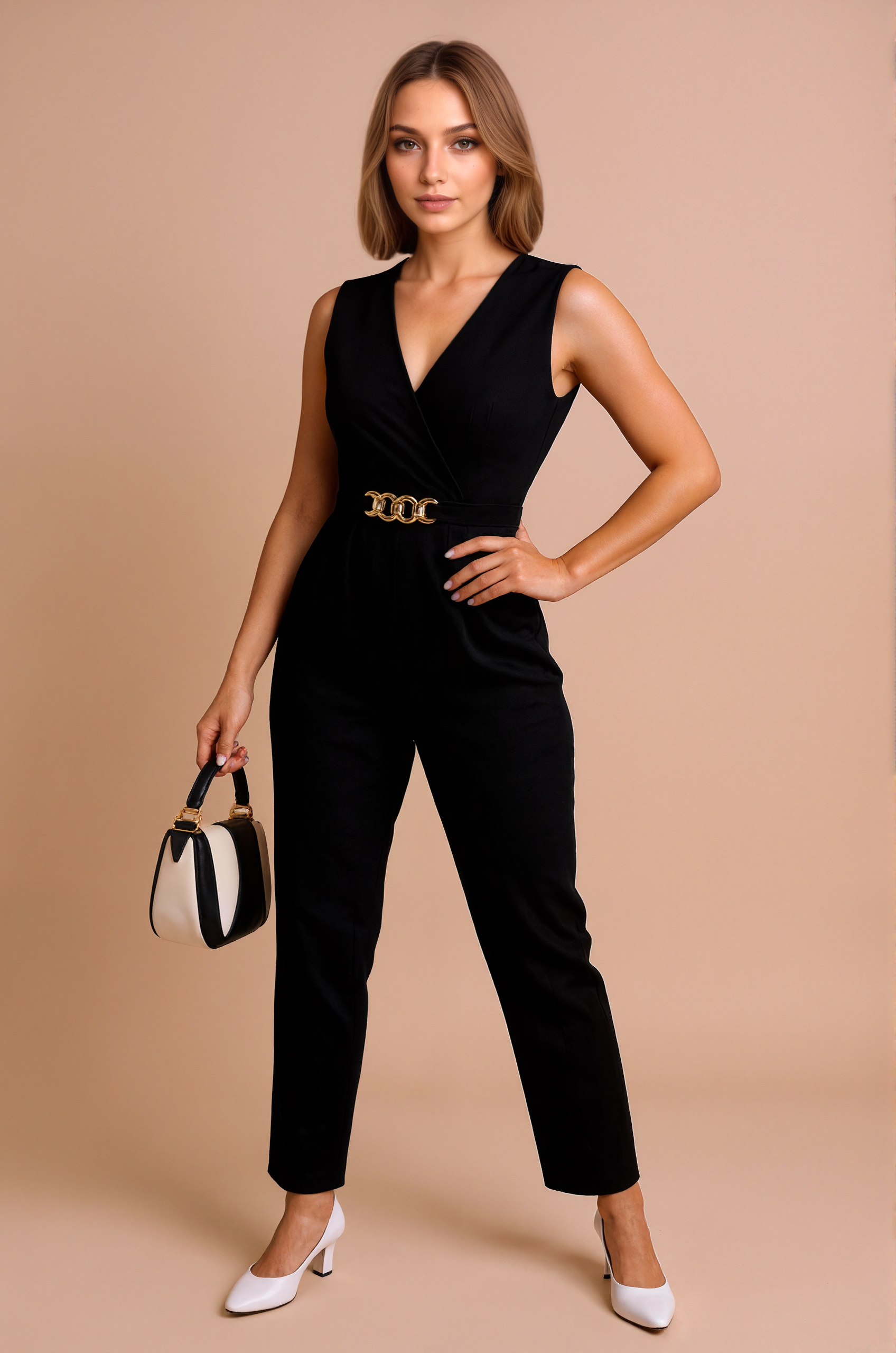 Wrap Front Jumpsuit With Chain Accent