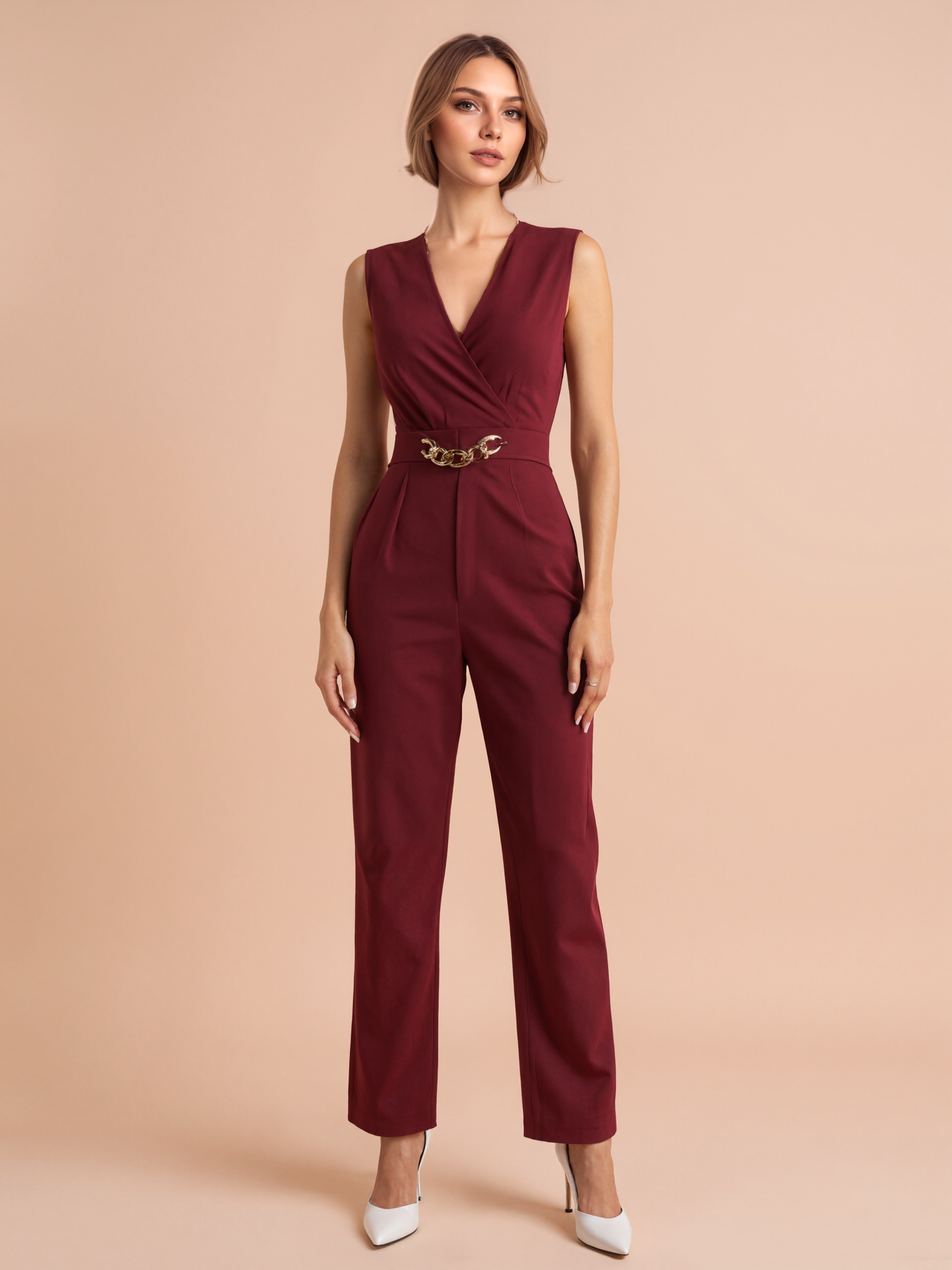 Wrap Front Jumpsuit With Chain Accent