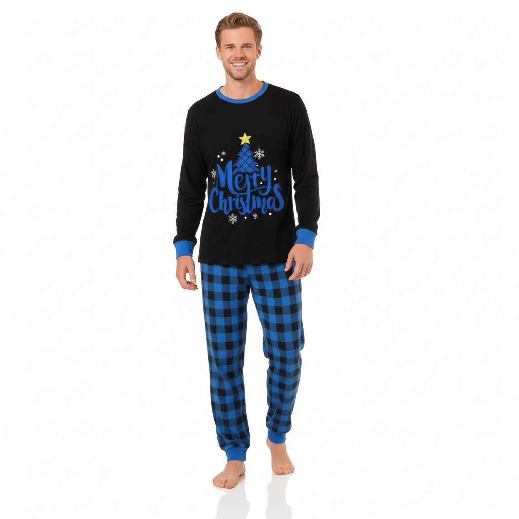 Merry Christmas Tree and Star Holiday Pajama Set With Plaid Bottoms