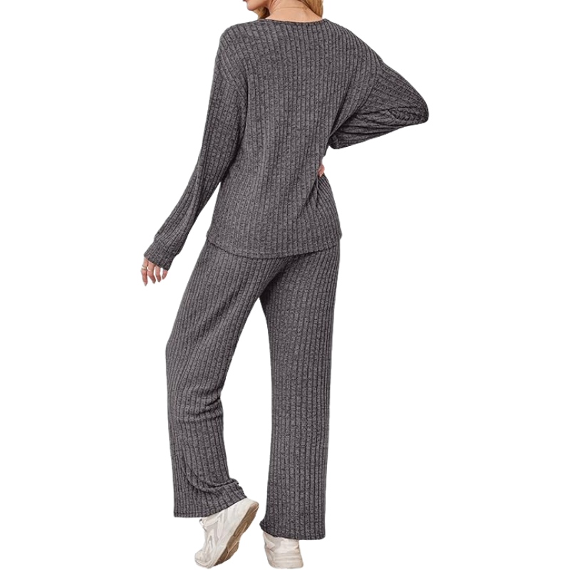 Ribbed Knit Lounge Set With Sweater Top And Loose Fit Pants For Women