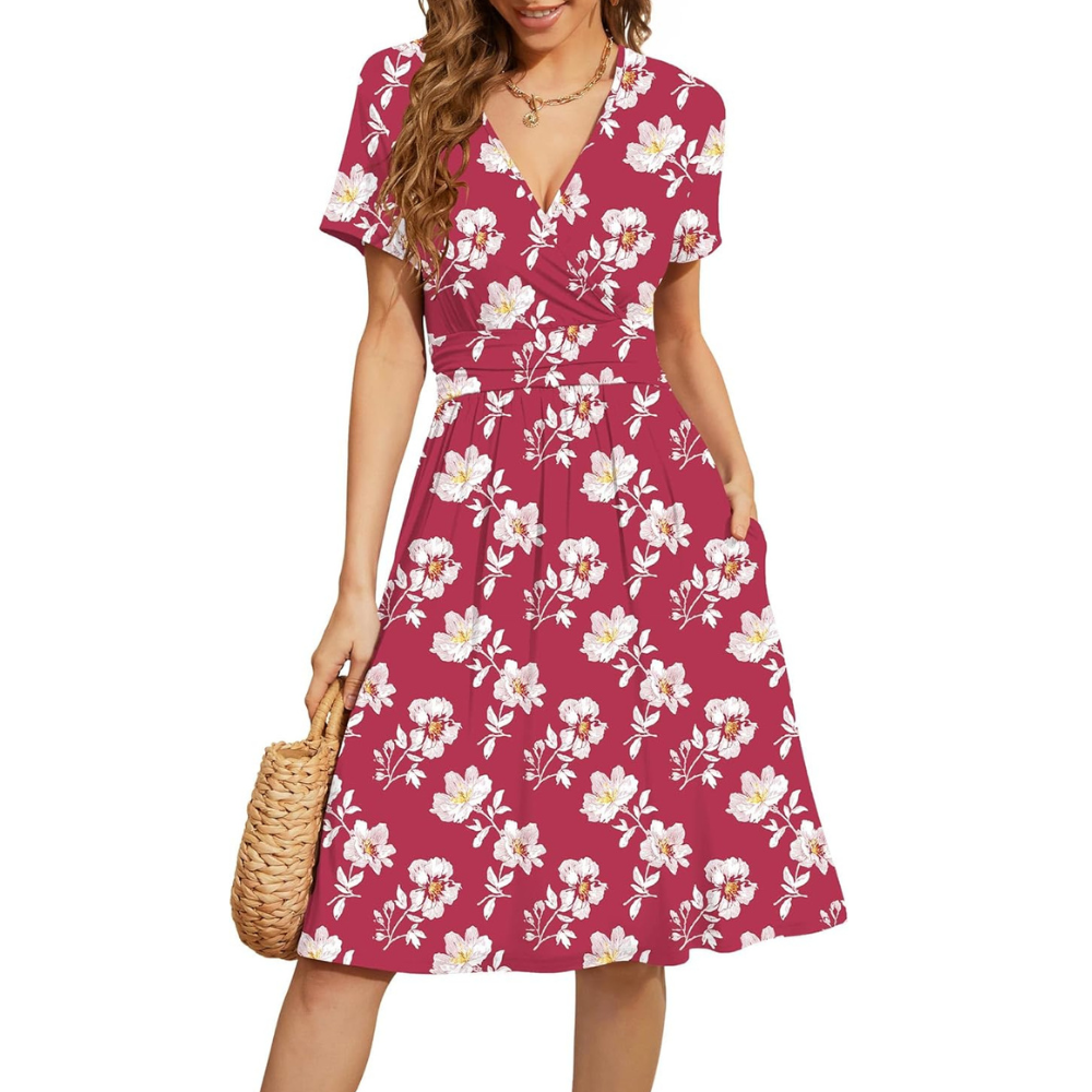 Summer Floral Short Sleeve Dress With Pockets