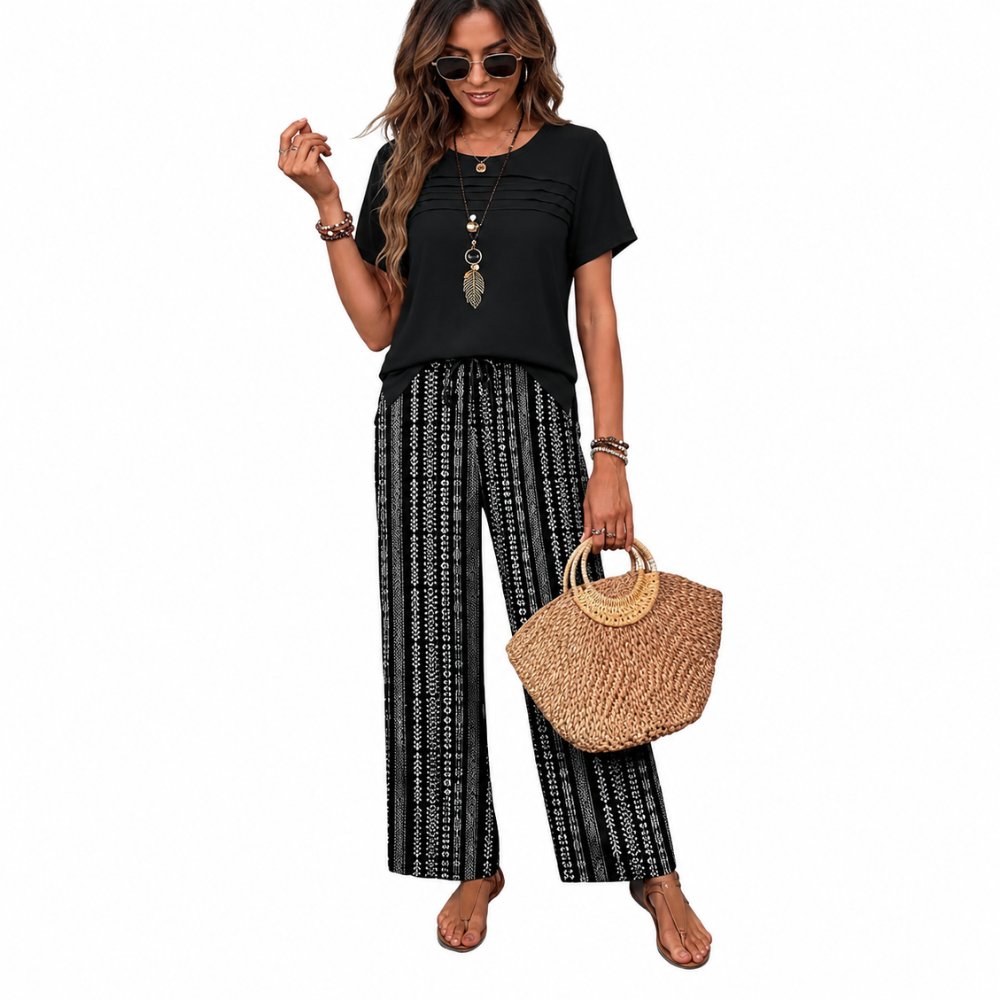 Pleated Front Top Wide Pants Lounge Set