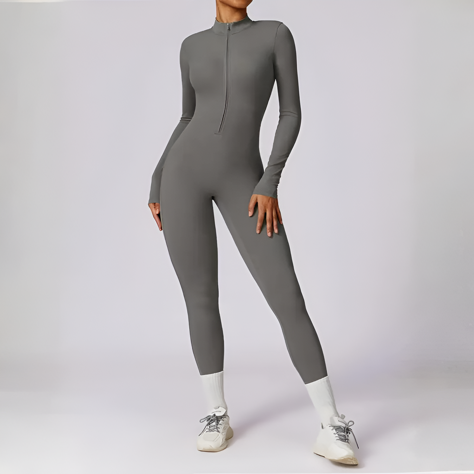 Solid Zip Front Long Sleeve Jumpsuit
