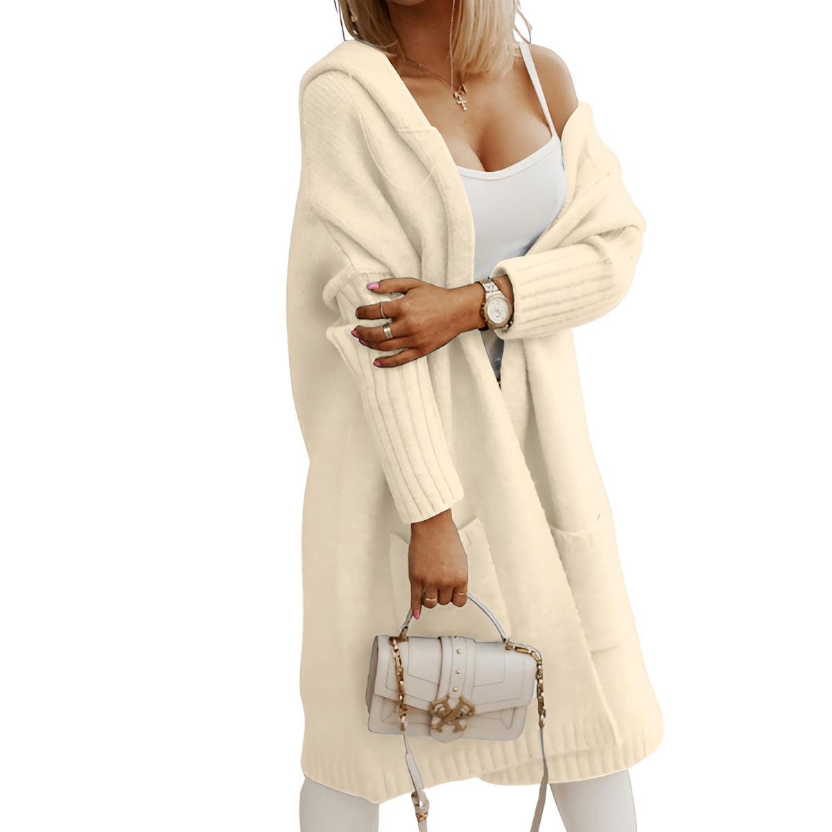 Long Knitted Hooded Cardigan With Open Front  For Women
