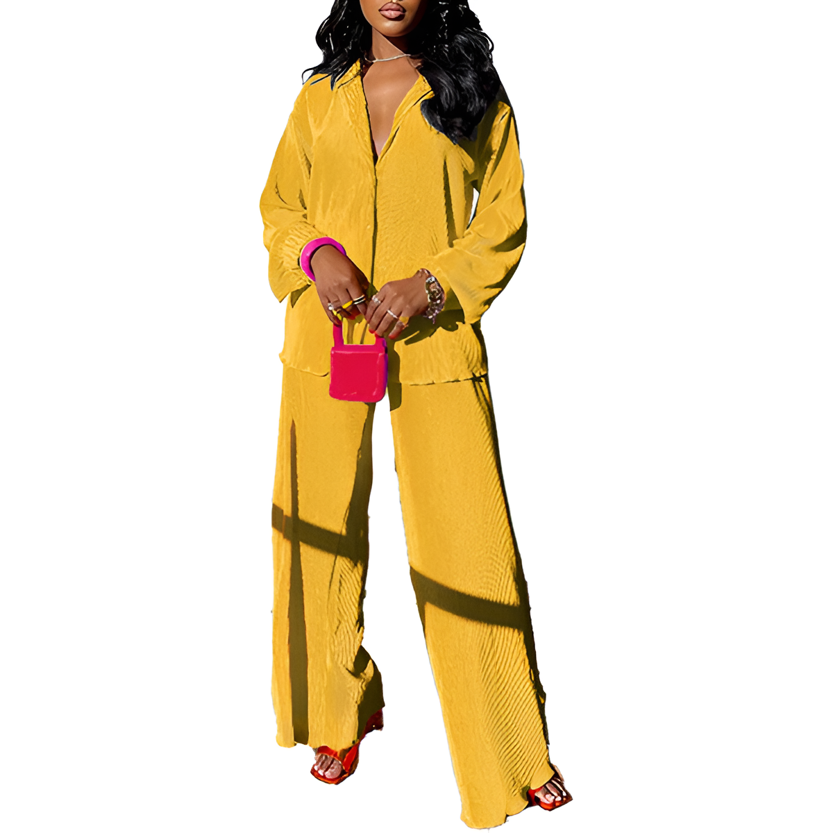 2 Piece Button Down Shirt And Pleated Pants Set For Women