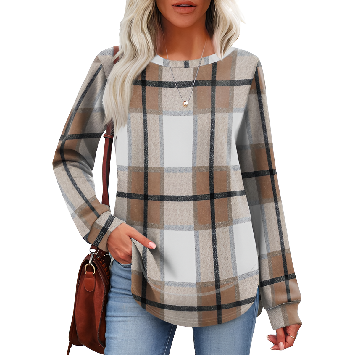 Tunic Tops for Women Loose Fit Dressy Long Sleeve Shirts Womens Sweaters Crew Neck Fall Clothing with Curved Hem