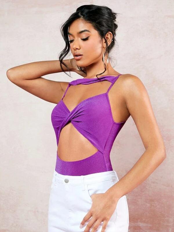 Cut Out Twist Front Cami Bodysuit-Comfy Jumpsuits