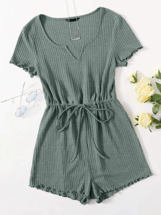 Notched Neck Lettuce Trim Romper-Comfy Jumpsuits