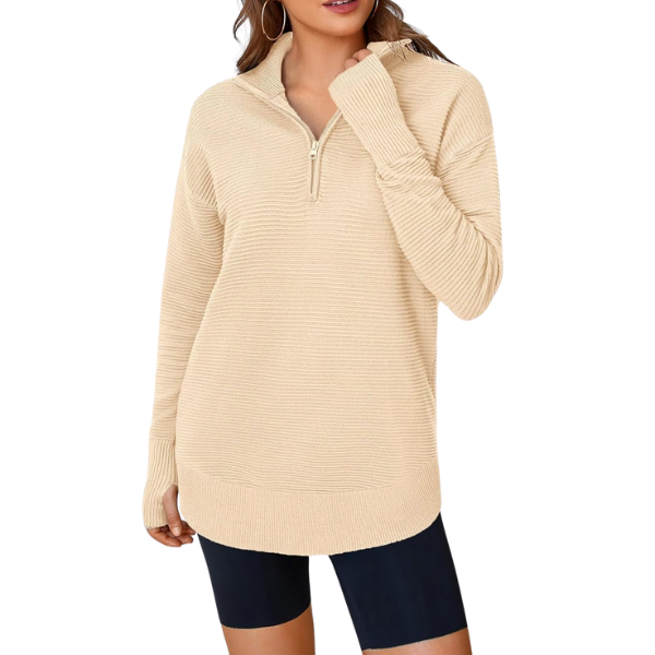 Womens Long Sleeve Quarter Zip Pullover Sweater Casual Loose V Neck Collared Ribbed Knit Jumper Tops Thumb Hole