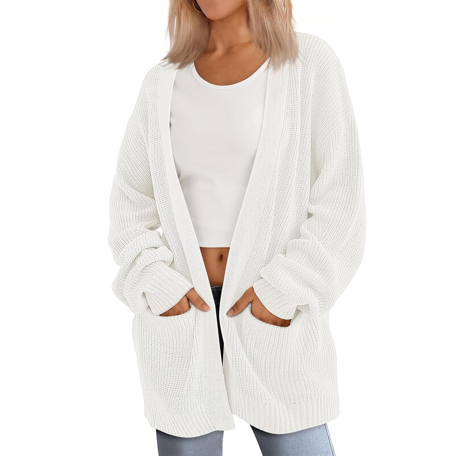 Oversized Open Front Knit Cardigan with Pockets for Women