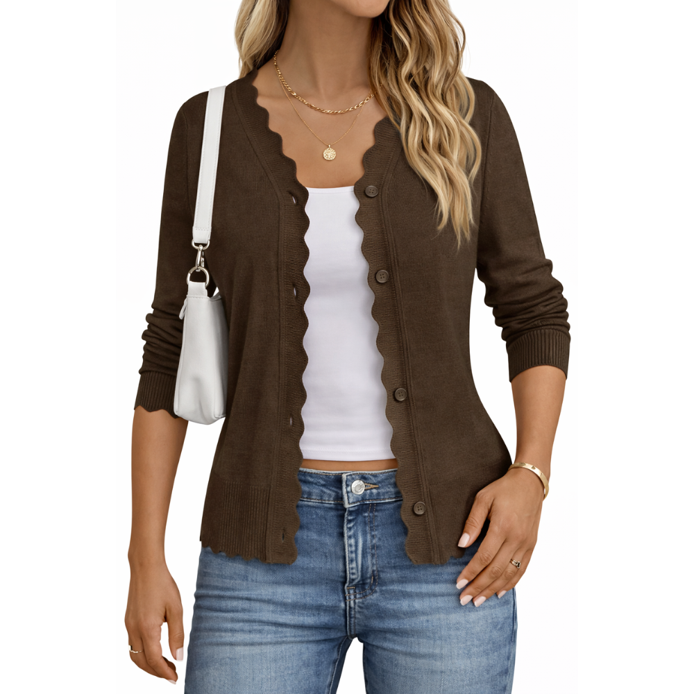 Lightweight Button Down Knit Cardigan With Scallop Trim