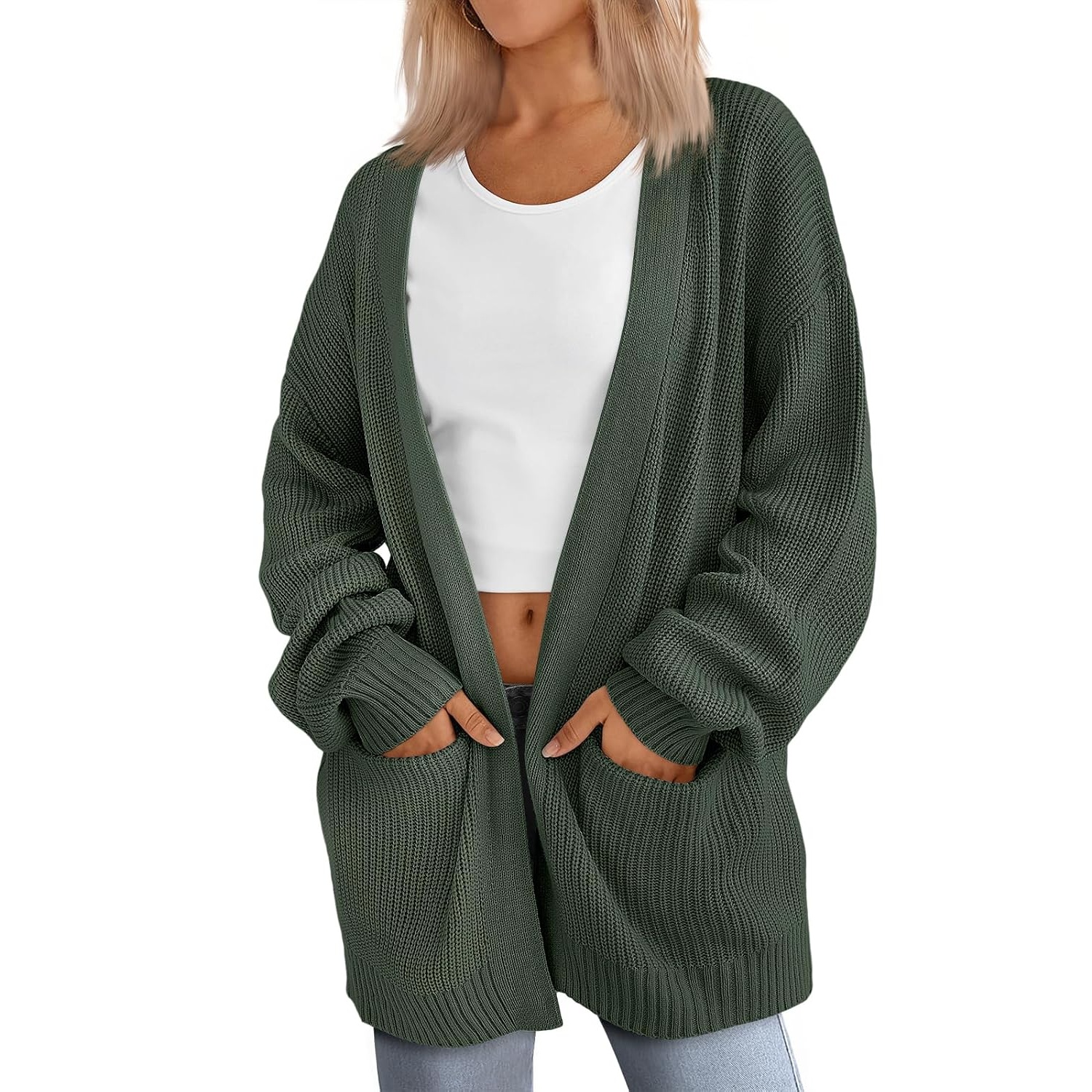 Oversized Open Front Knit Cardigan with Pockets for Women