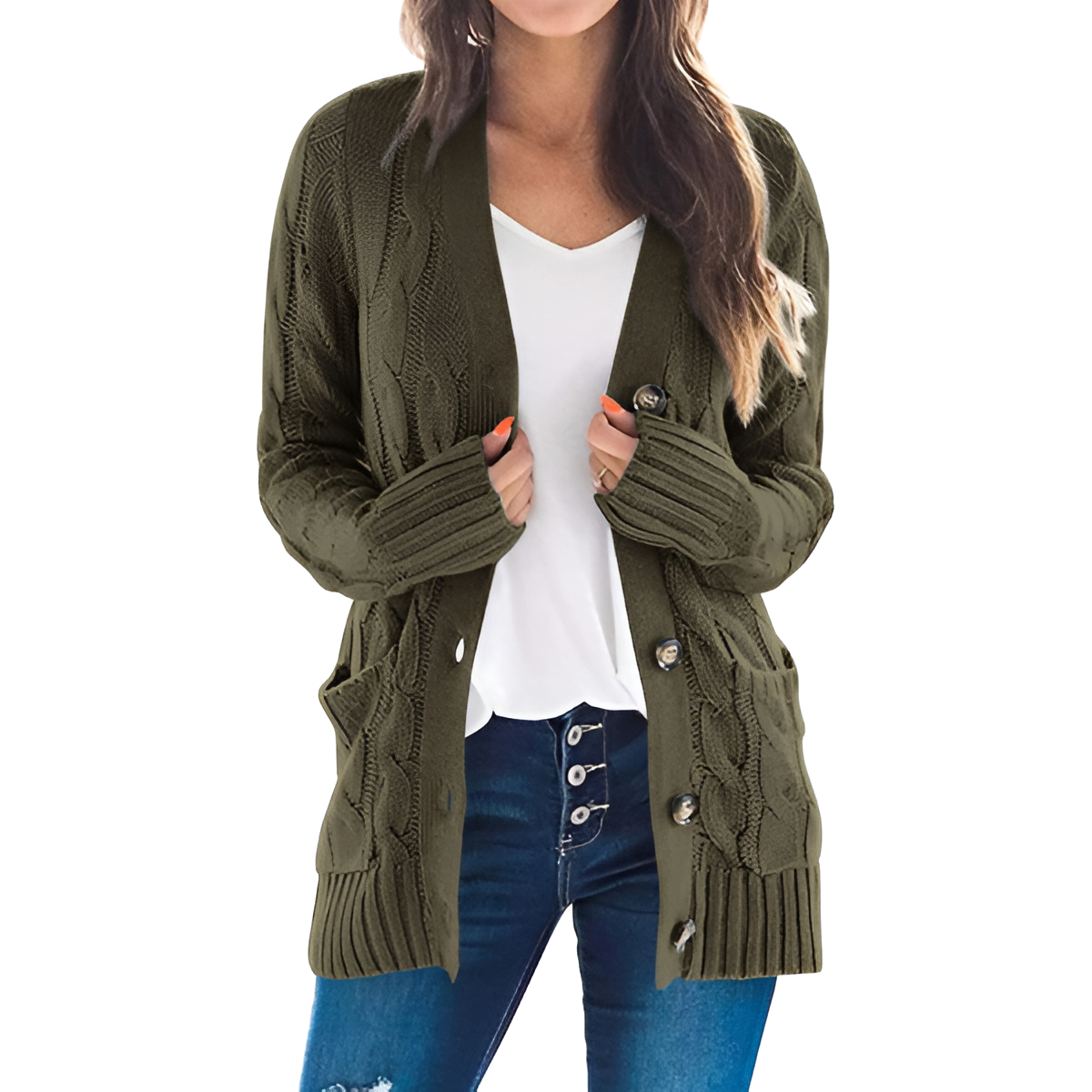 Cable Knit Button Front Open Cardigan