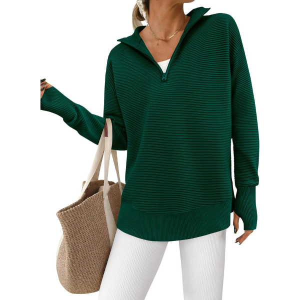 Womens Long Sleeve Quarter Zip Pullover Sweater Casual Loose V Neck Collared Ribbed Knit Jumper Tops Thumb Hole