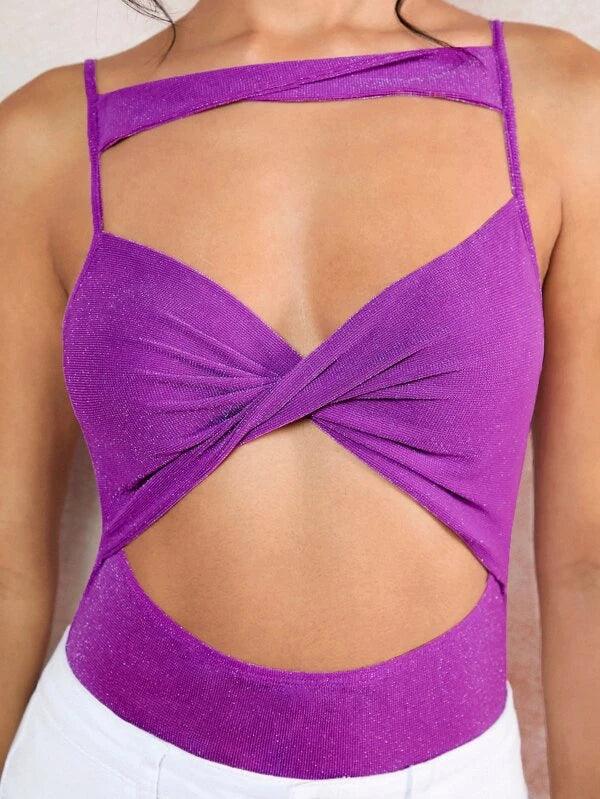 Cut Out Twist Front Cami Bodysuit-Comfy Jumpsuits