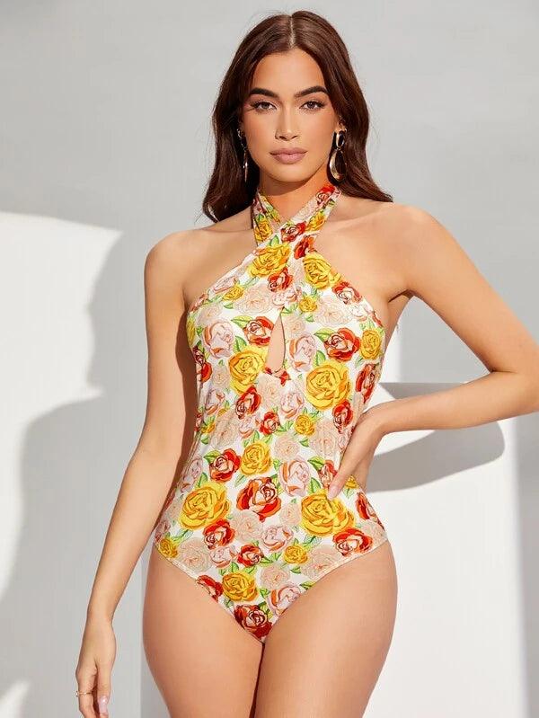 Backless Allover Floral Bodysuit-Comfy Jumpsuits