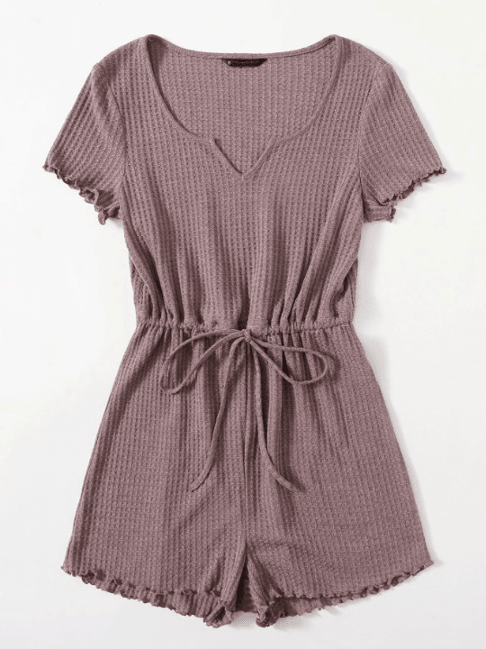 Notched Neck Lettuce Trim Romper-Comfy Jumpsuits