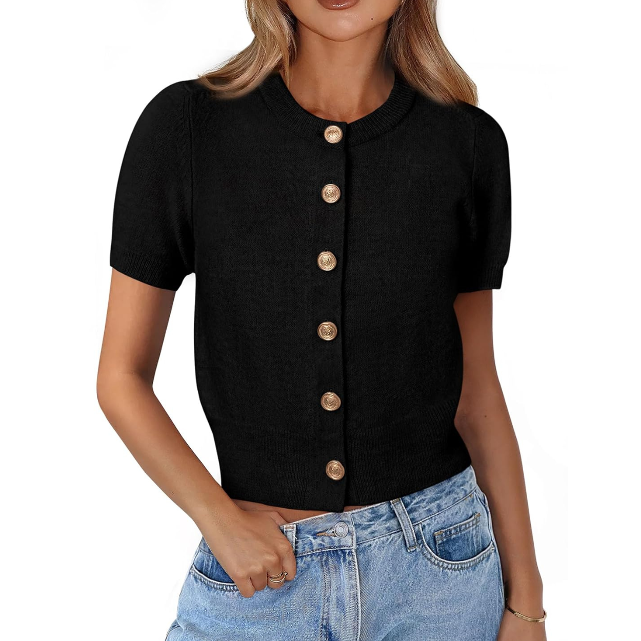 Casual Stretchy Short Sleeve Knit Crop Cardigan For Women