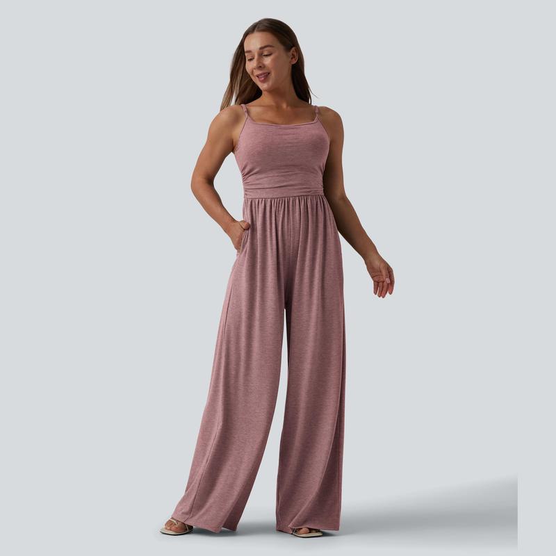Casual Wide Ruched Jumpsuit With Pockets For Women