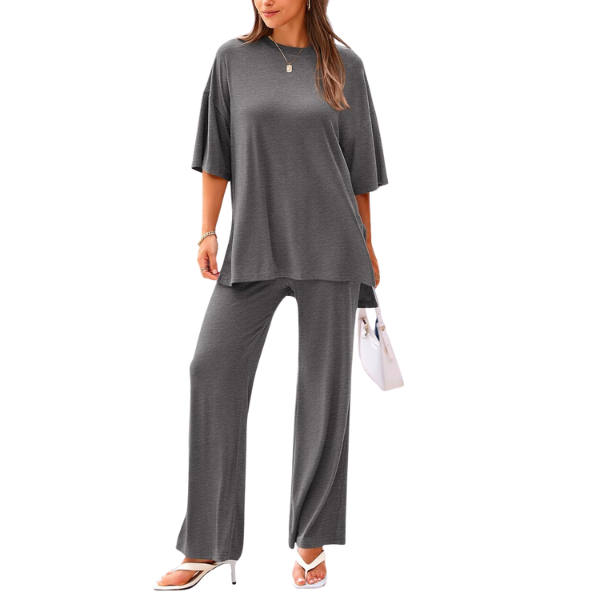 2 Piece Summer Lounge Set With Short Sleeve Top And Pants For Women