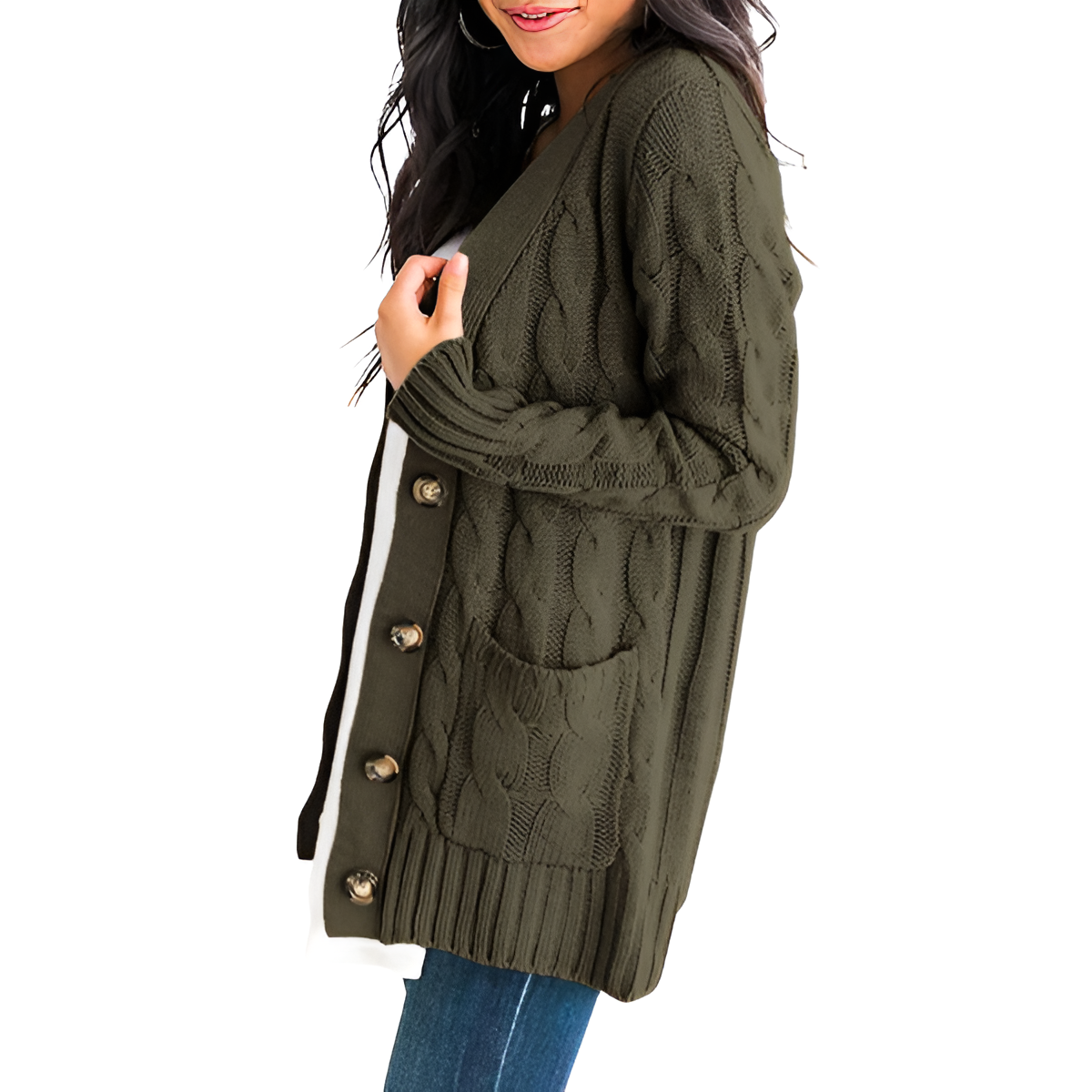 Cable Knit Button Front Open Cardigan