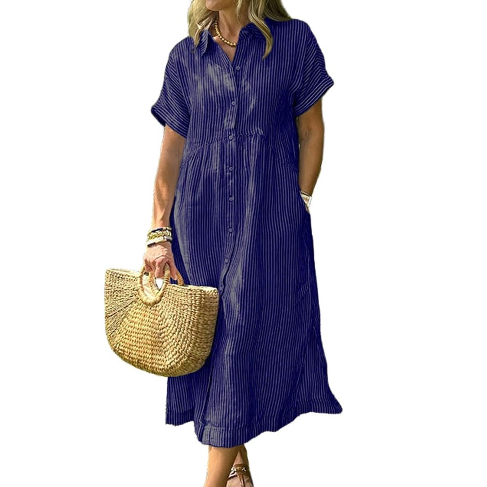 Summer Striped Button Down Midi Shirt Dress