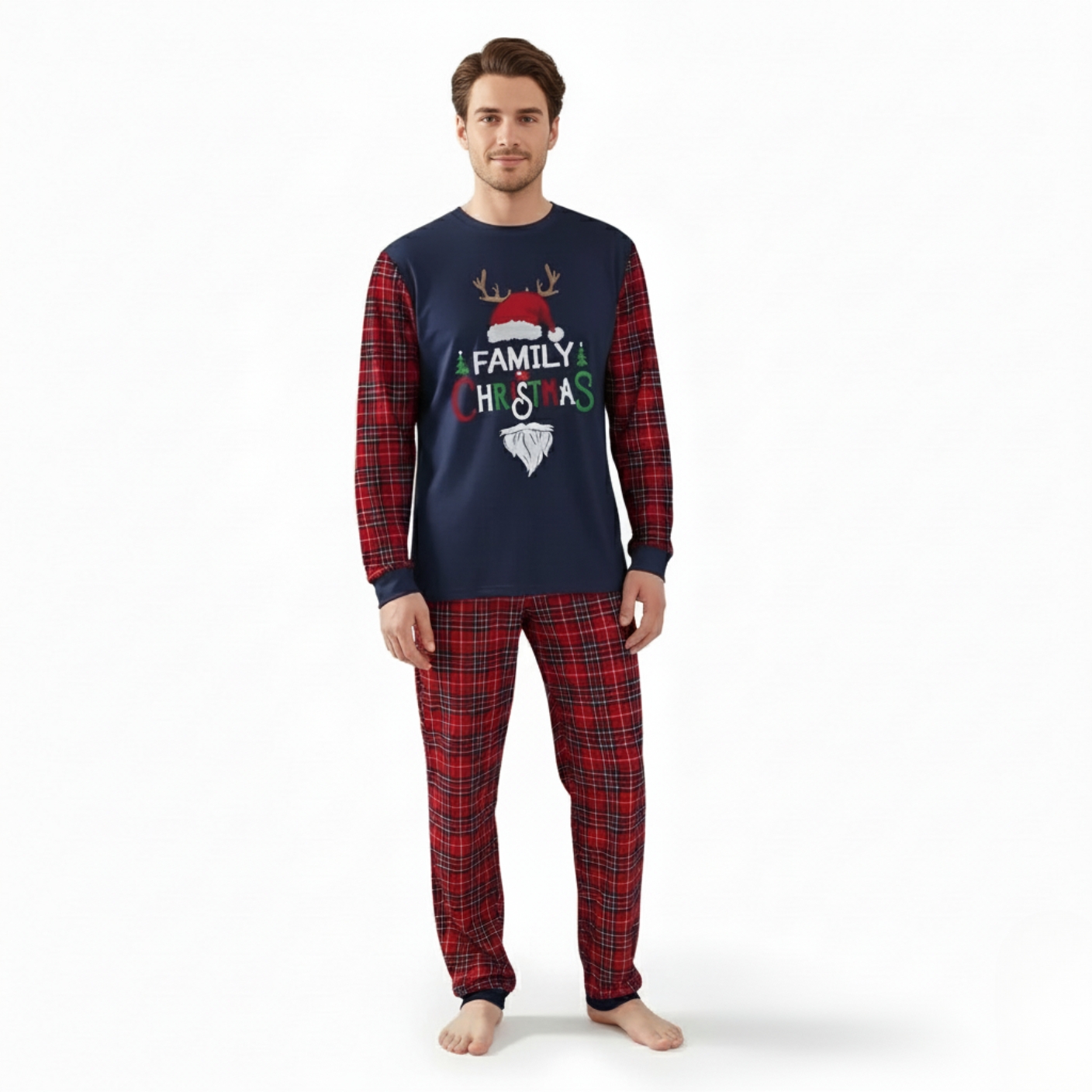Santa Hat Reindeer Family Christmas Printed Matching Plaid Pajama Set