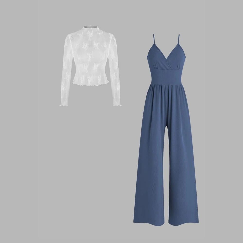 Valentine's Day Women's Solid Color Knitted Lace Tee & High Waist Pocket Jumpsuit Two-piece Set