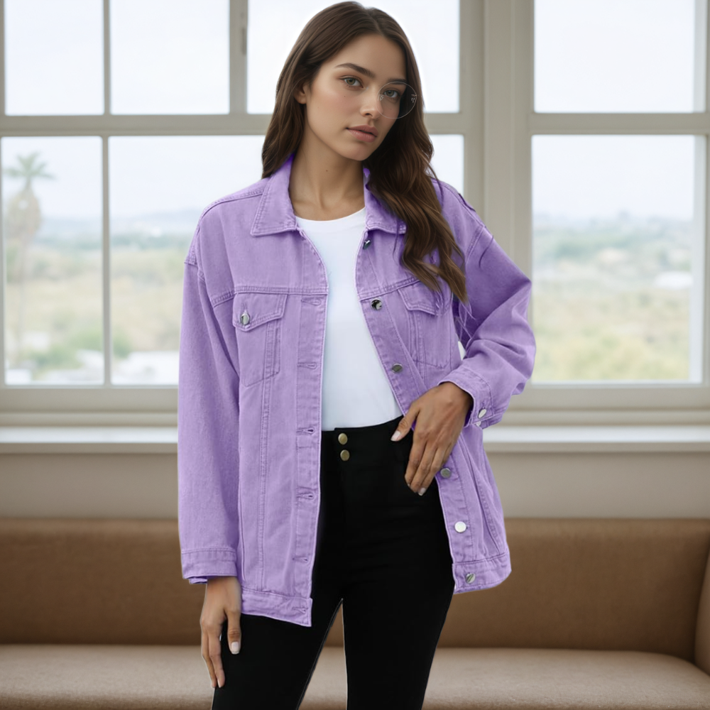 Women’s Oversized Mid Long Denim Jacket Casual Jean Biker Coat