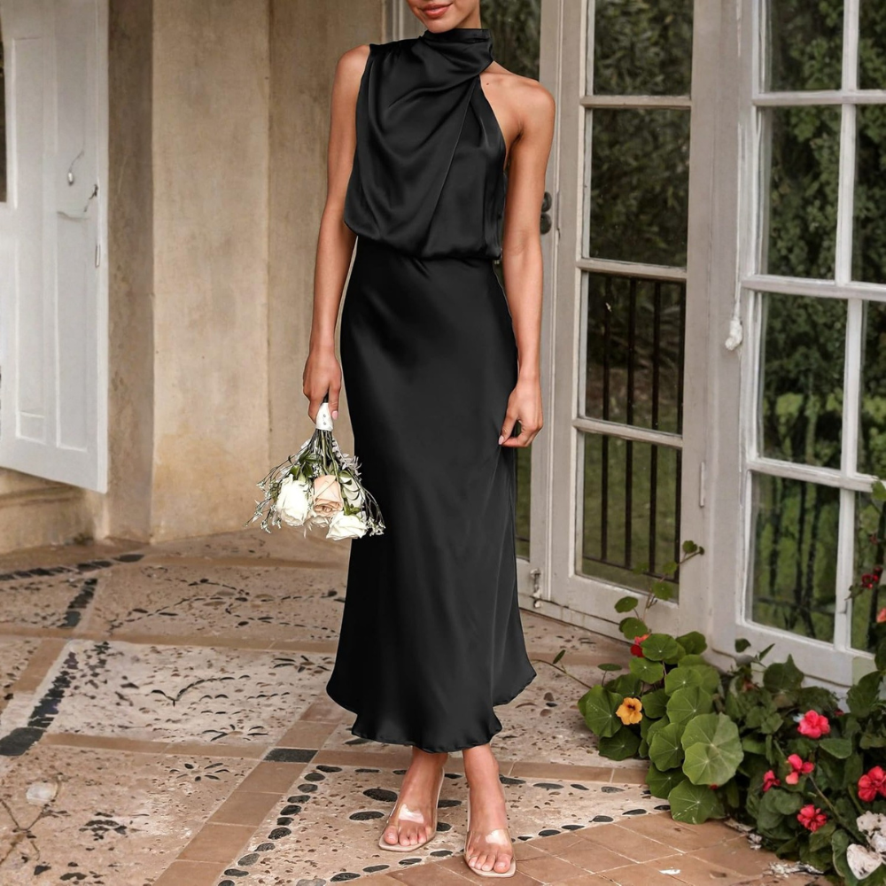 Elegant Sleeveless Satin Maxi Cocktail Party Dress