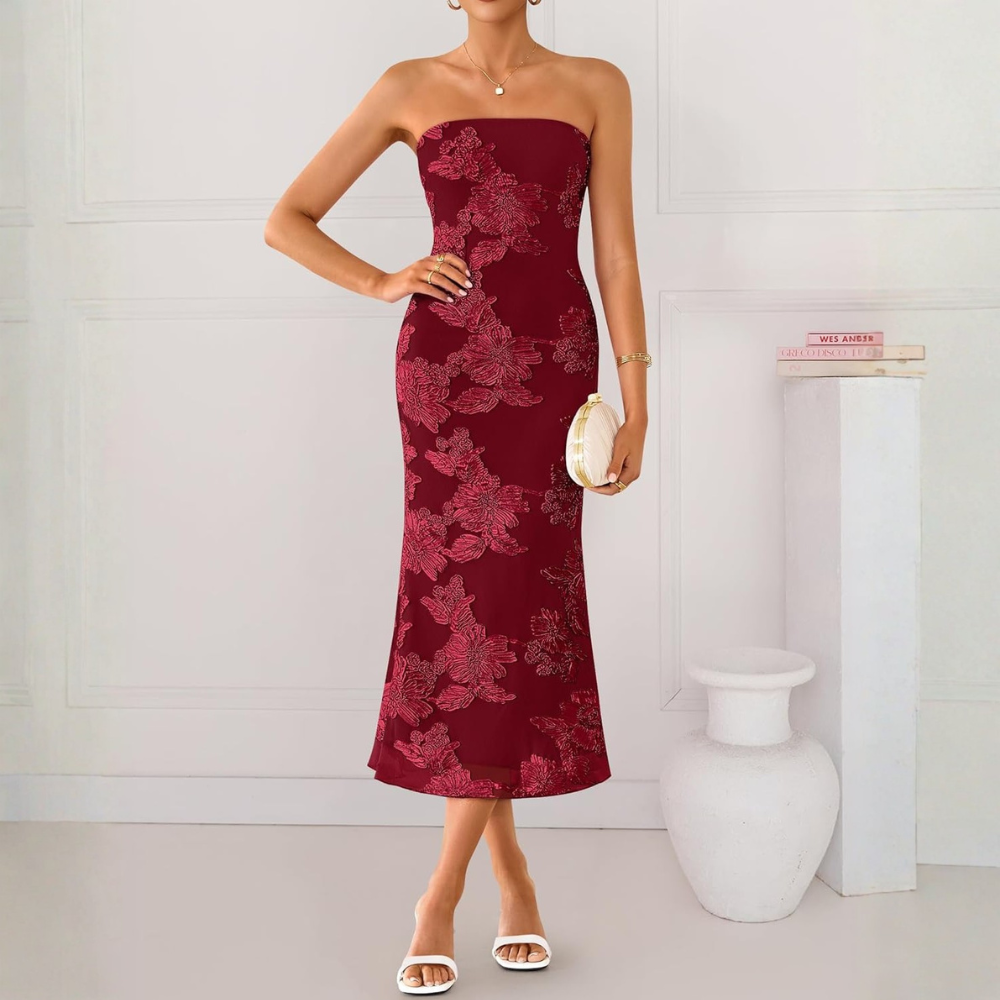 Strapless Floral Mesh Midi Dress For Women