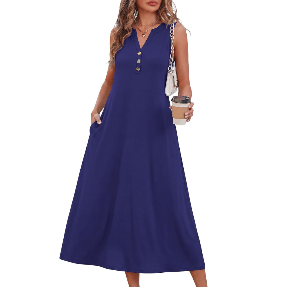 Sleeveless Button Front Midi Dress With Pockets