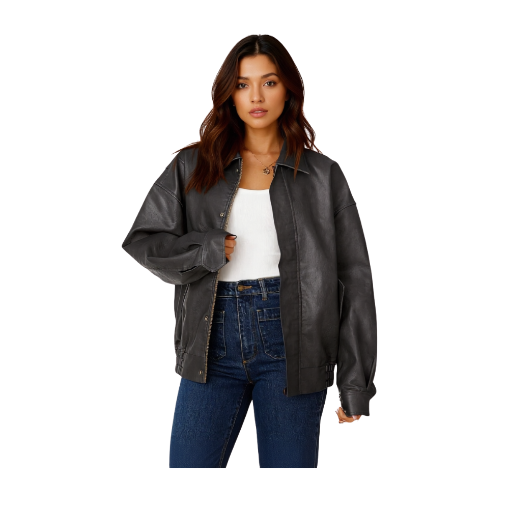 Oversized Faux Leather Motorcycle Jacket For Women