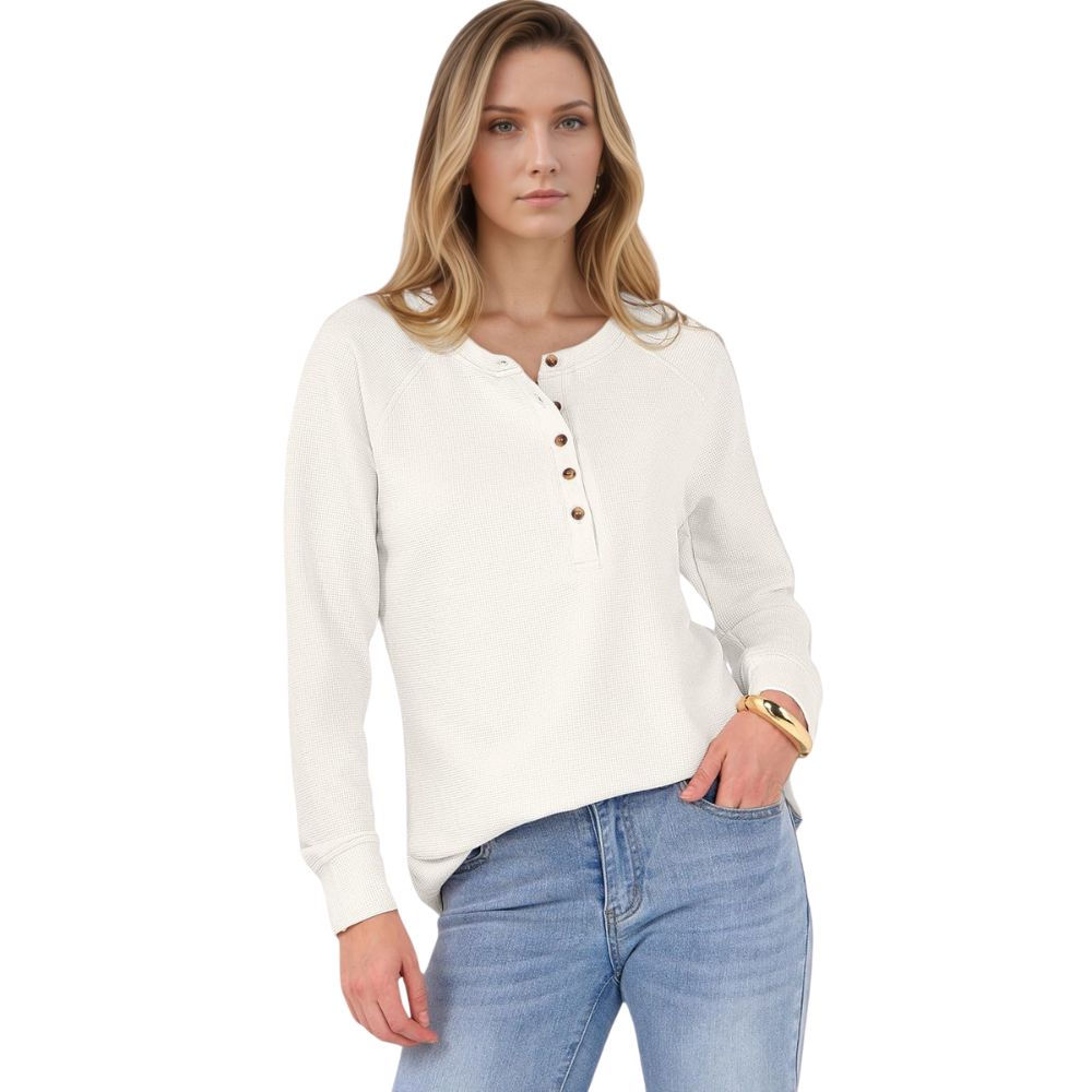 Women's Long Sleeve Waffle Knit Shirts Dressy Casual Loose Button Up V Neck