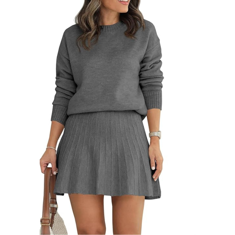 Womens Skirt 2 Piece Sweater Set Long Sleeve Crewneck Sweaters Pleated Mini Skirt Knit Lounge Sets