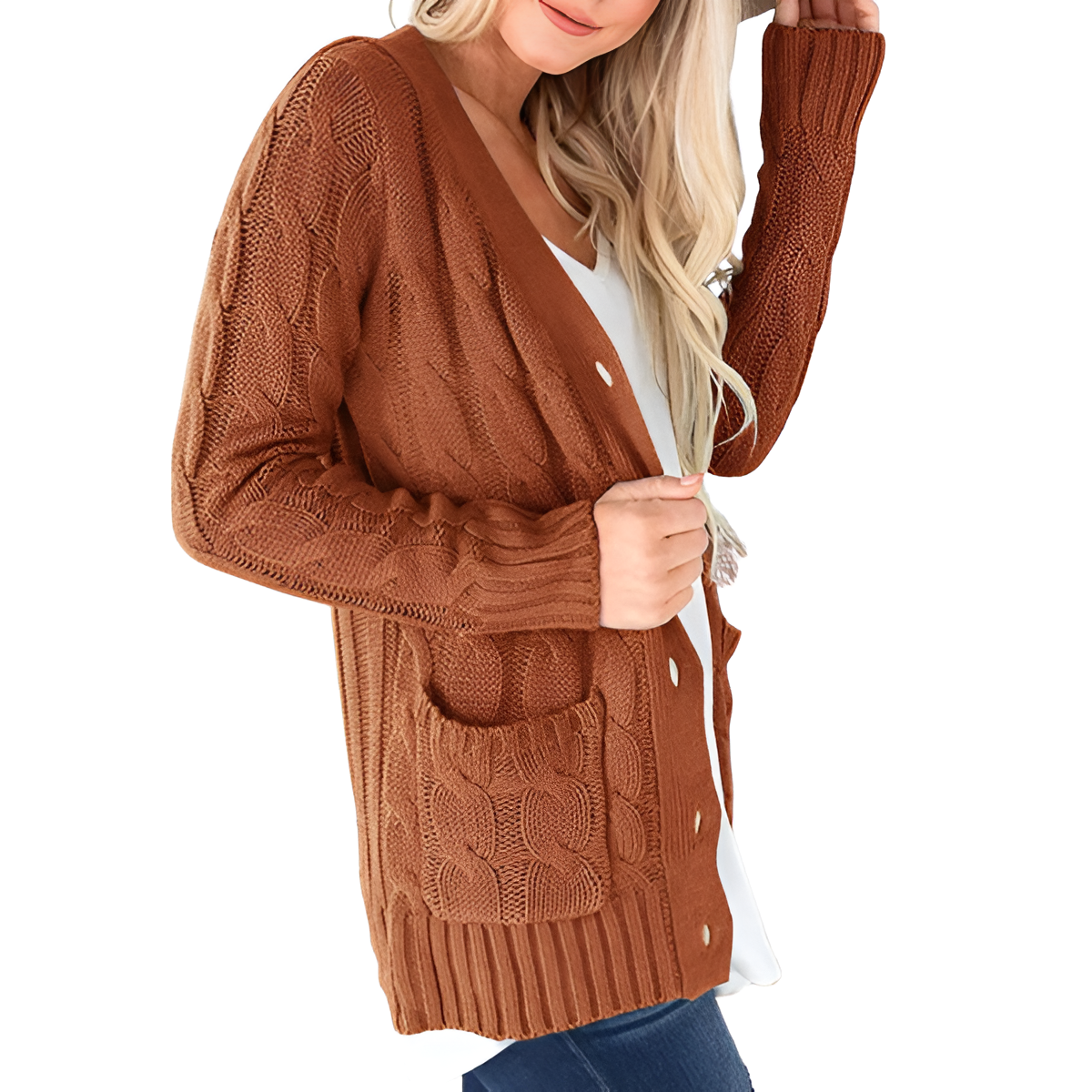 Cable Knit Button Front Open Cardigan