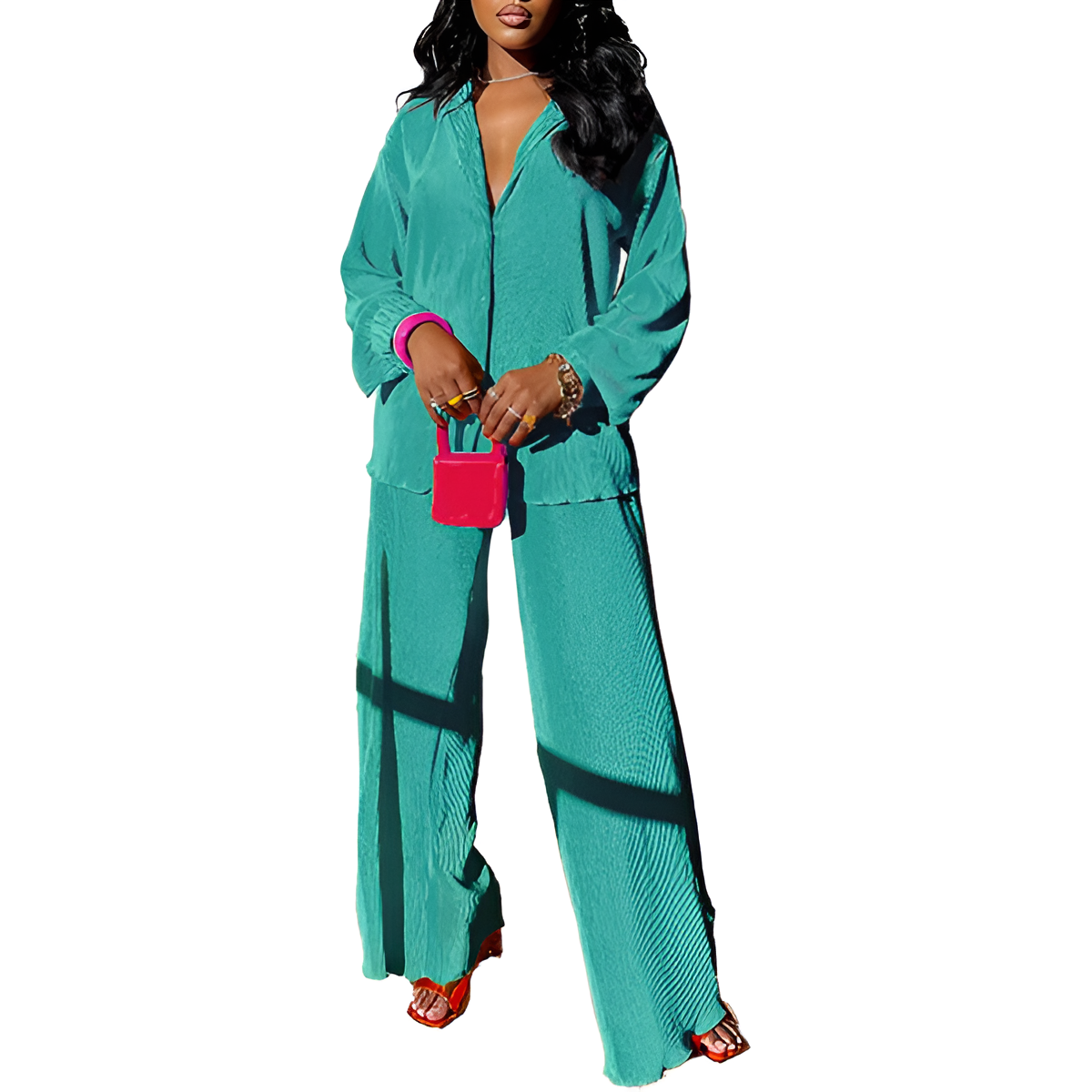 2 Piece Button Down Shirt And Pleated Pants Set For Women